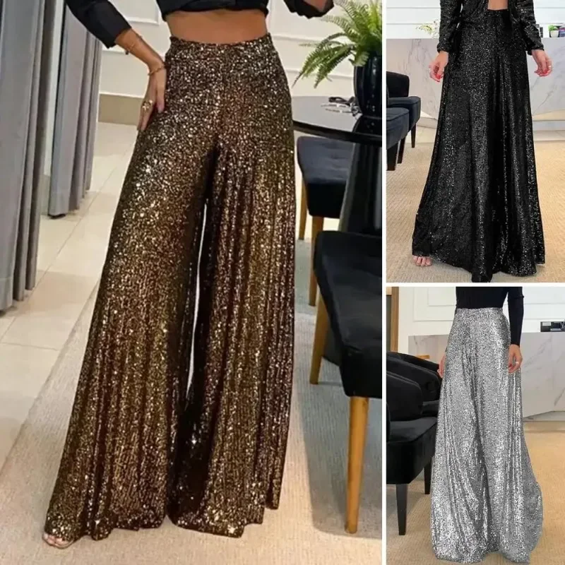 High Waisted Elastic Waistband Straight Leg Full-length Solid Color Women's Pants Club Night Sequin Loose Wide Leg Pants OFE05