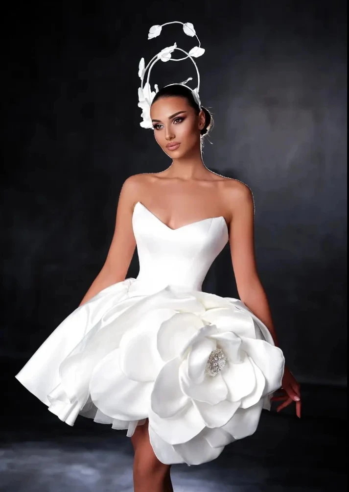 Garden Pure White Handmade Flower Short Cocktail Party Dresses Strapless Mini Bloom Bridal Dress Lace Up Back