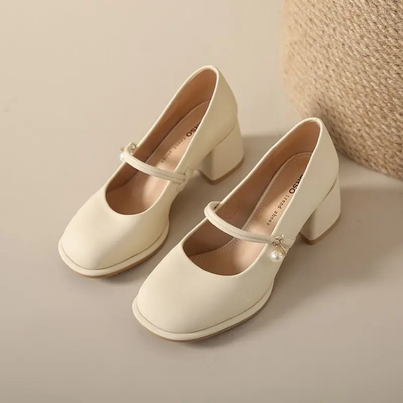 2024 NEW Soft Leather Soft Soled Mary Jane High Heels Thick Heeled Square Toe Sandals French British Casual Small Leather Shoes