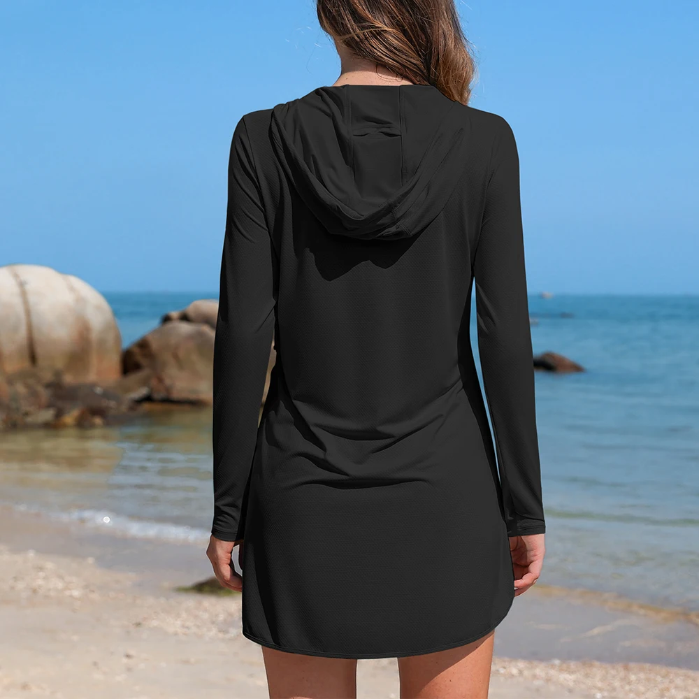 Rash Guard Charmleaks Women Rashguard Solid Hoodie Half Zipper with Horsetail Hole & Thumb Hole Loose Fit Side Pockets Swim Shirt Cover Up