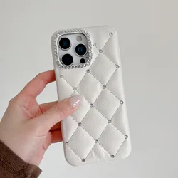 Elegant Minimalist Diamond Grid Pattern Leather Texture Phone Case - iPhone 15 Plus (WHITE)