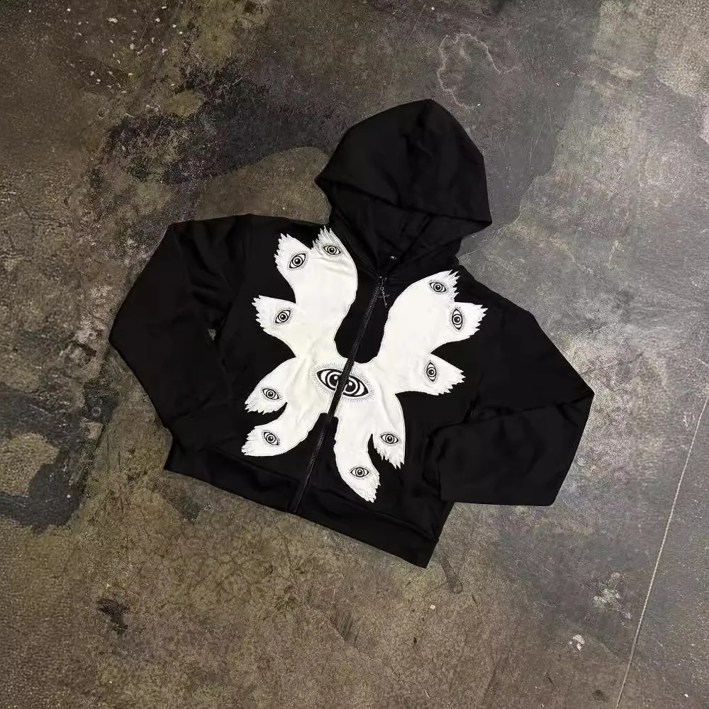 

Американский ретро-худи кардиган, Черный свитшот с персонализированным принтом Y2K, темный готический стиль, толстовка на молнии для пар, уличная одежда