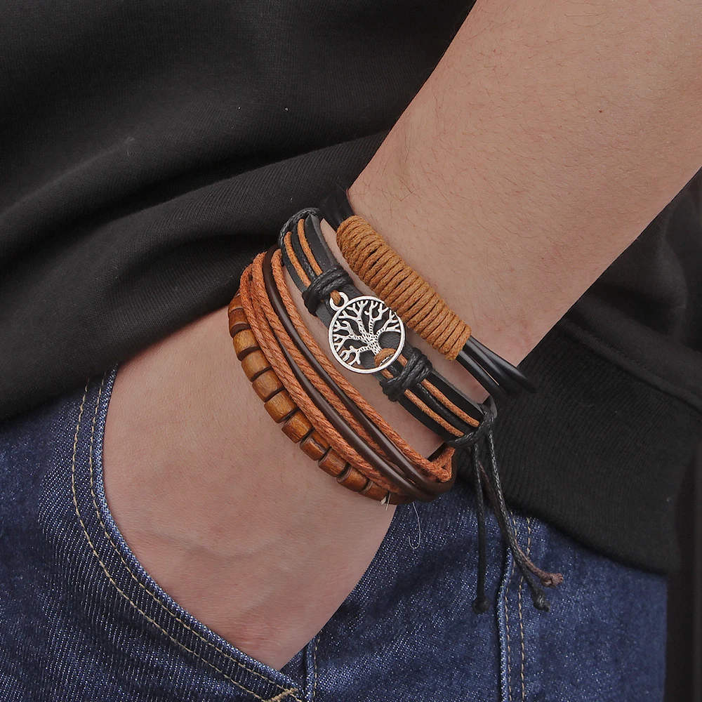 Wooden Clasp Bracelet with Braided Leather Band