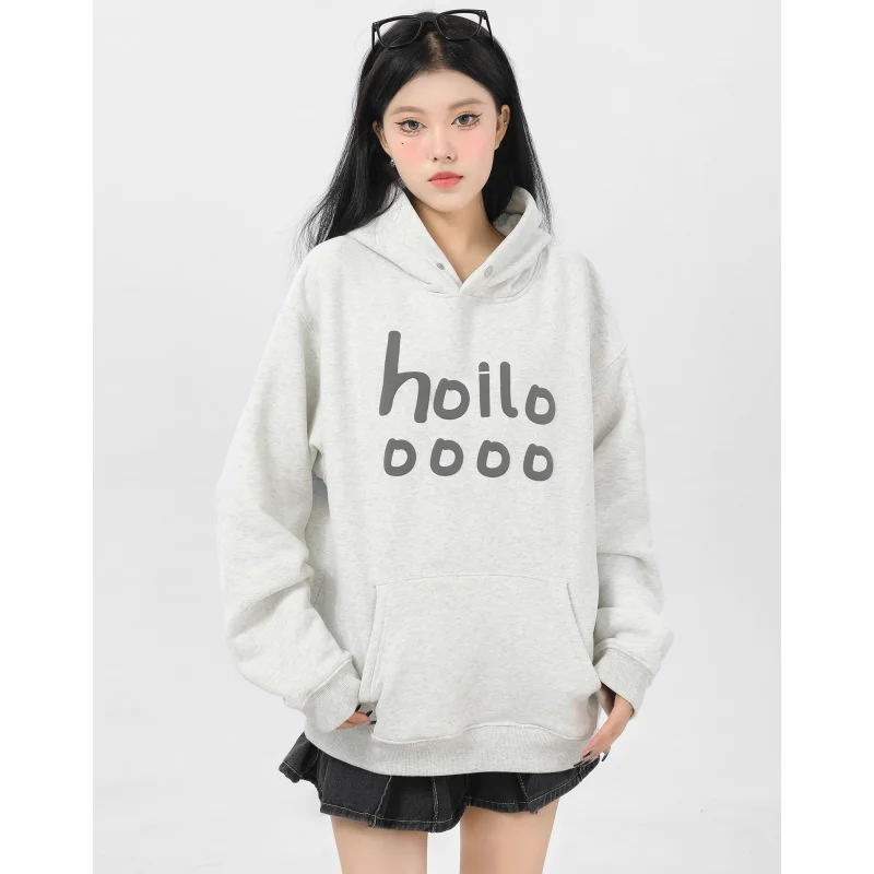 

Весенняя серая женская одежда 2024, корейский модный мешковатый пуловер, свитшот с принтом и рукавами реглан, толстовка с длинными рукавами, плюшевые Топы