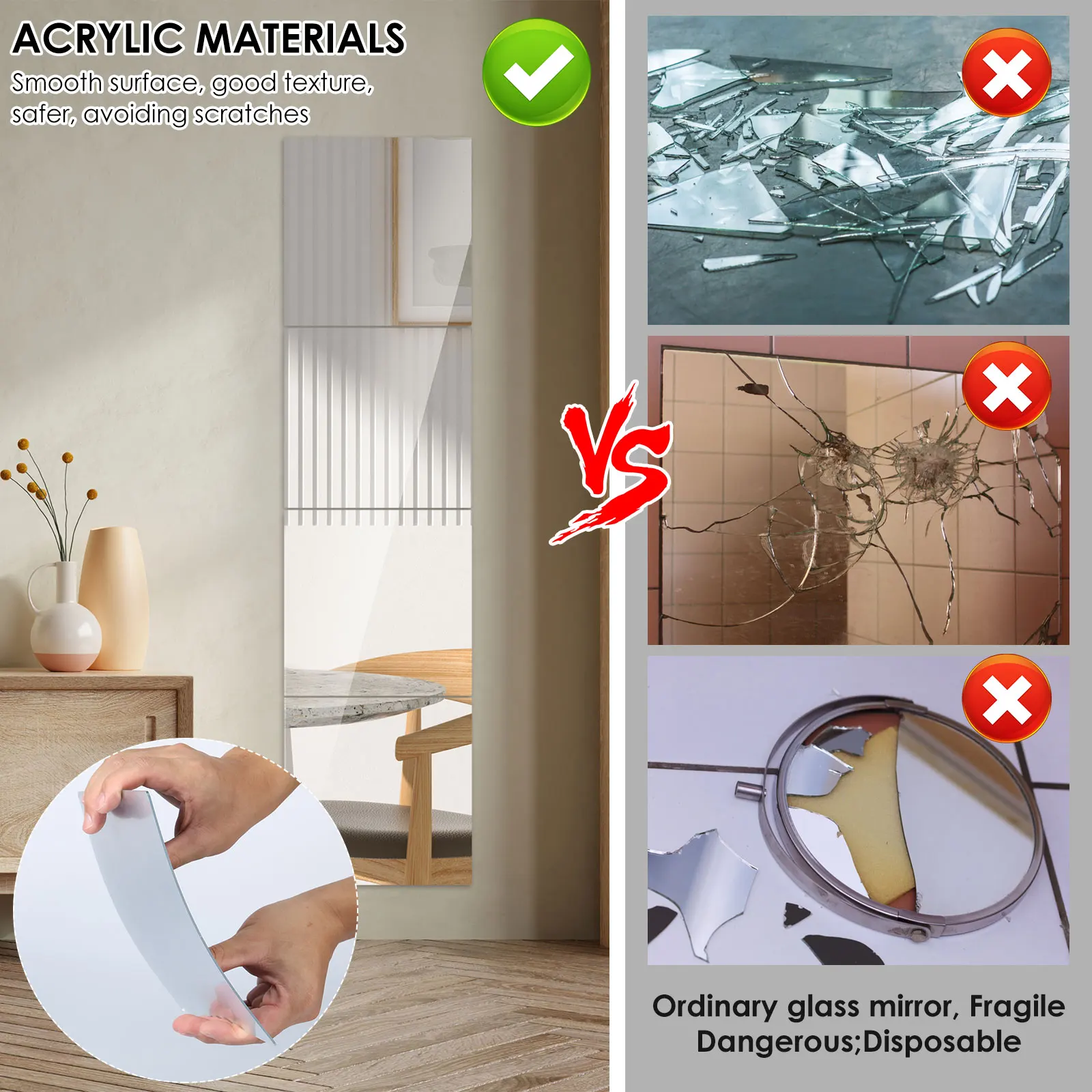 8PCS Mirror Wall Sticker Self Adhesive Mirror Tiles Acrylic Squares Home Decorative Stickers Sheets Acrylic
