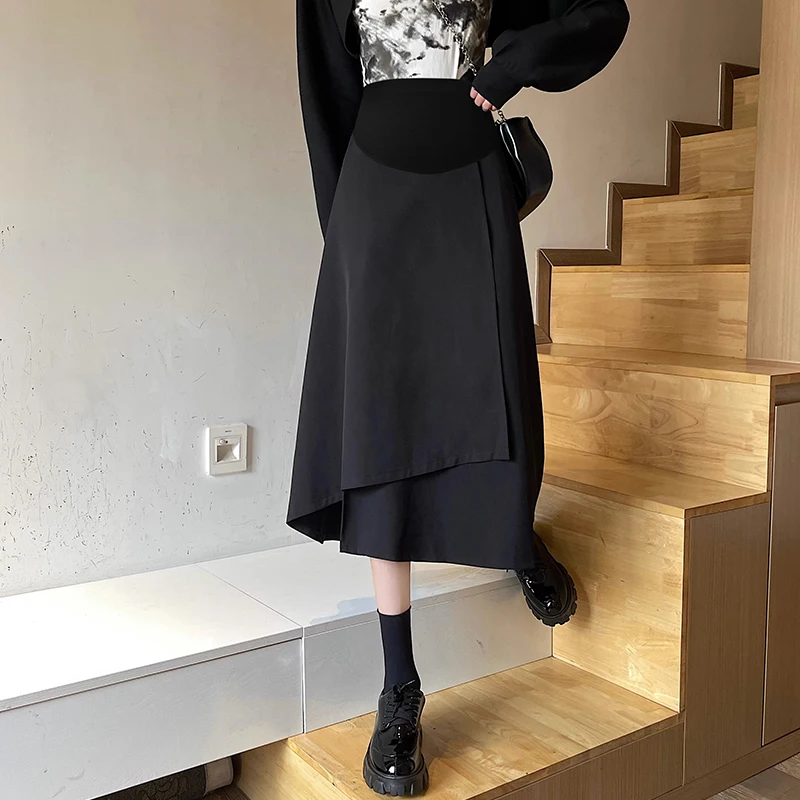 Spring Maternity Irregular Skirts Split High Low Fashion Pregnant Woman Belly Skirt Mid-calf Pregnancy Empired Skirt
