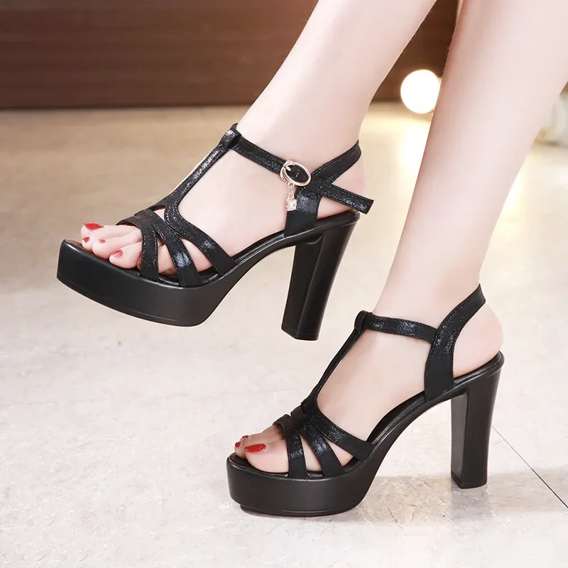 

8cm 10cm Small Size 32-43 Elegant Soft Leather Shoes Platform Sandals 2023 Office Ladies Block High Heels Gladiator Sandals