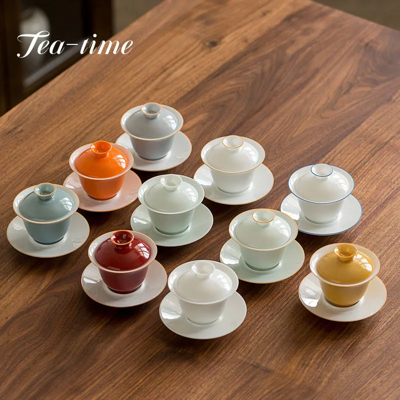 120ml Dehua White Porcelain Tea Tureen Household Hand Grab Bowl Tea Set Small Ceramic Thin Tire Maker Gaiwan Gifts 10 Colors