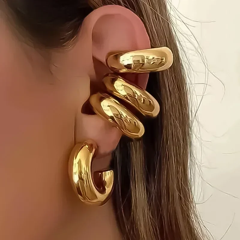 Punk Non Piercing Chunky Round Circle Clip Earring for Women Gold Plated C Shape Ear Cuff Stud Tube Thick Earclips Jewelry Gifts 1