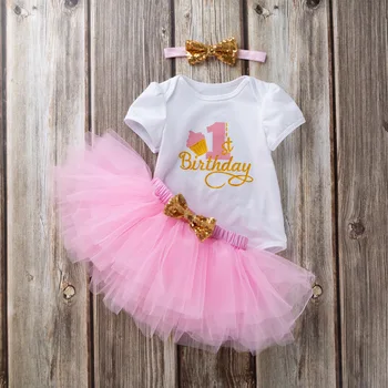 Primo compleanno Set di abbigliamento per bambina Tute in cotone neonato + gonna tutù + fascia per capelli 3 pezzi / set vestiti per neonati vestito per ragazza