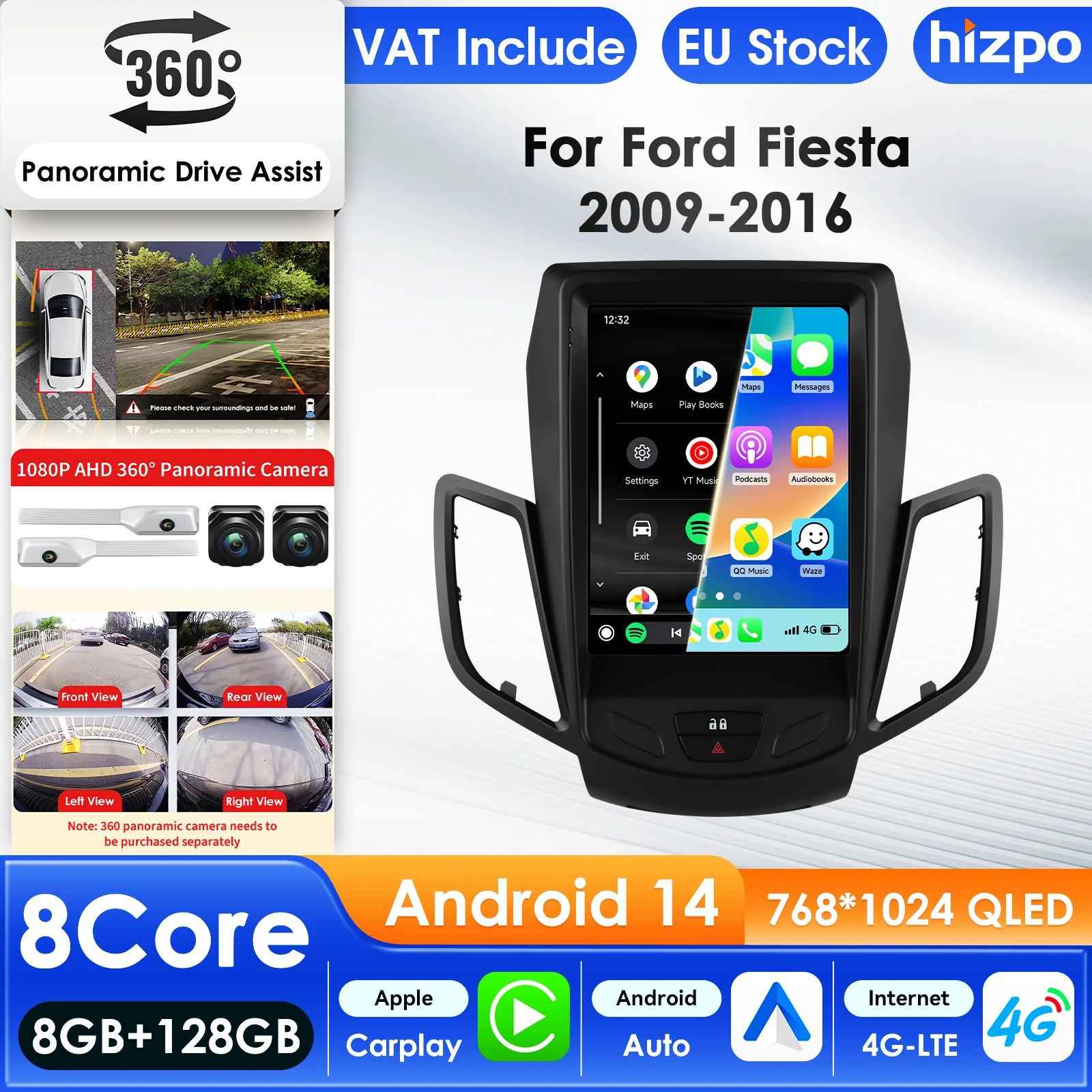 Hizpo 2Din Android 14 Auto-Multimedia-Player für Ford Fiesta MK7 2009–2016 GPS Carplay 4G AI Intelligenter Bildschirm Autoradio 360 Cam