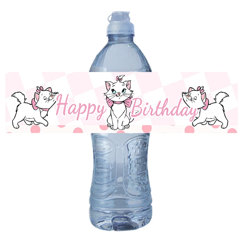 

6pcs Disney The Aristocats Marie Cat Pink Happy Birthday Water Bottle Decoration Stickers Supply Baby Shower Party Packing Label