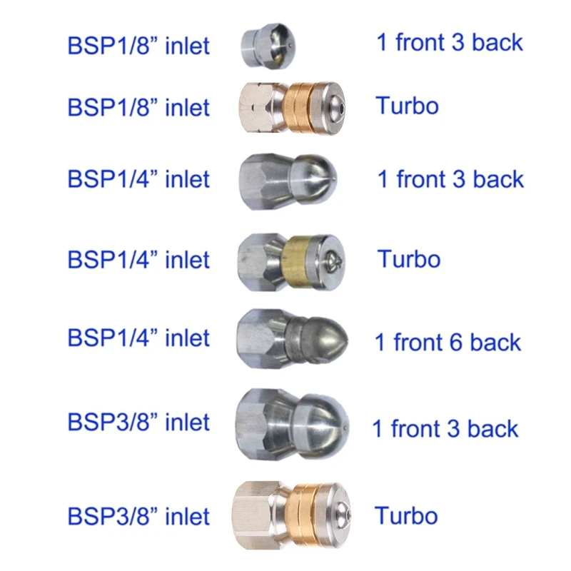 High Pressure Washer Stainless Steel Accessories G1 / 8 " G1 / 4 " G 3 8" Drain Sewer Cleaning Jetter Rotary Nozzle