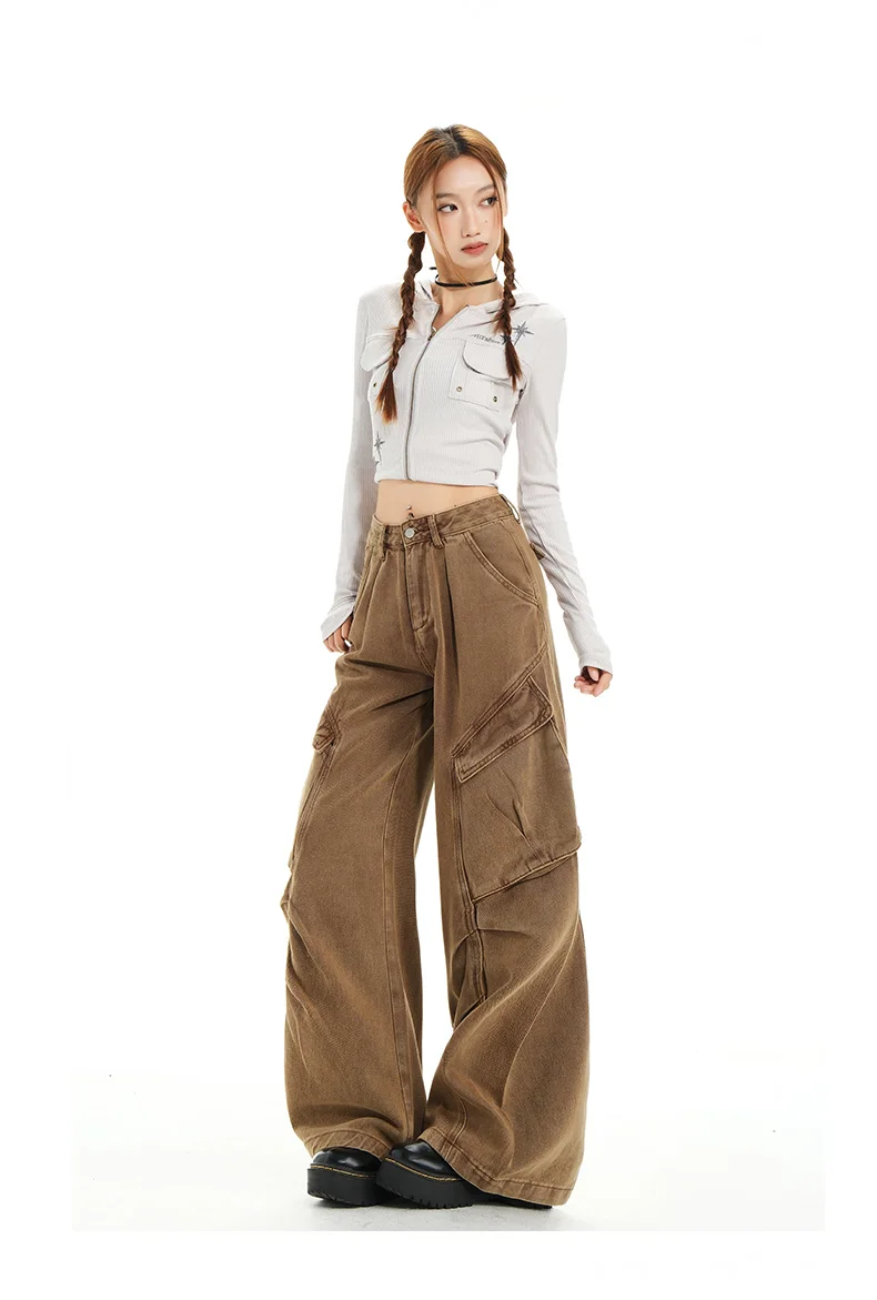 Retro Casual High Waisted Baggy Cargo Jeans Women Washed Distressed Wide Leg Pants Brown Denim Y2K Streetwear Vintage Trousers