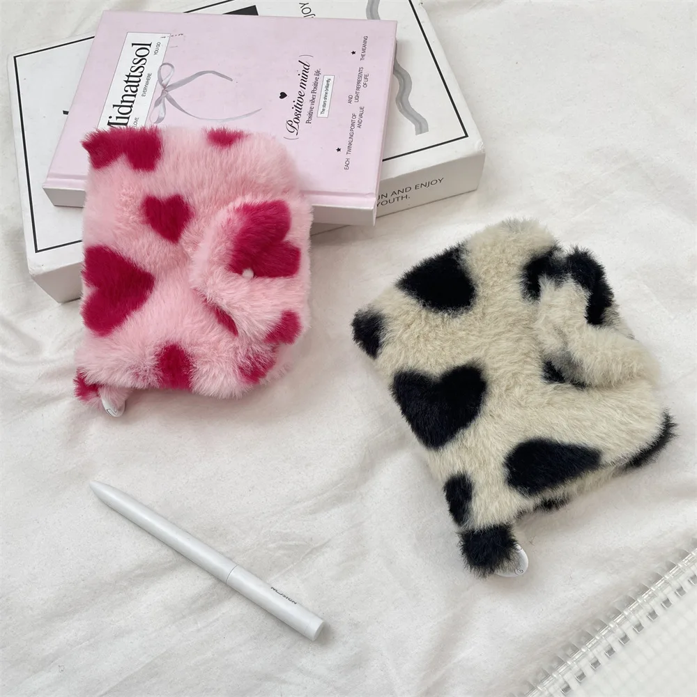 Plush Love Heart Print Coin Purse Double-fold Bank ID Card Holder for Girls Mini Wallet Portable Earphone Storage Bag Women Gift