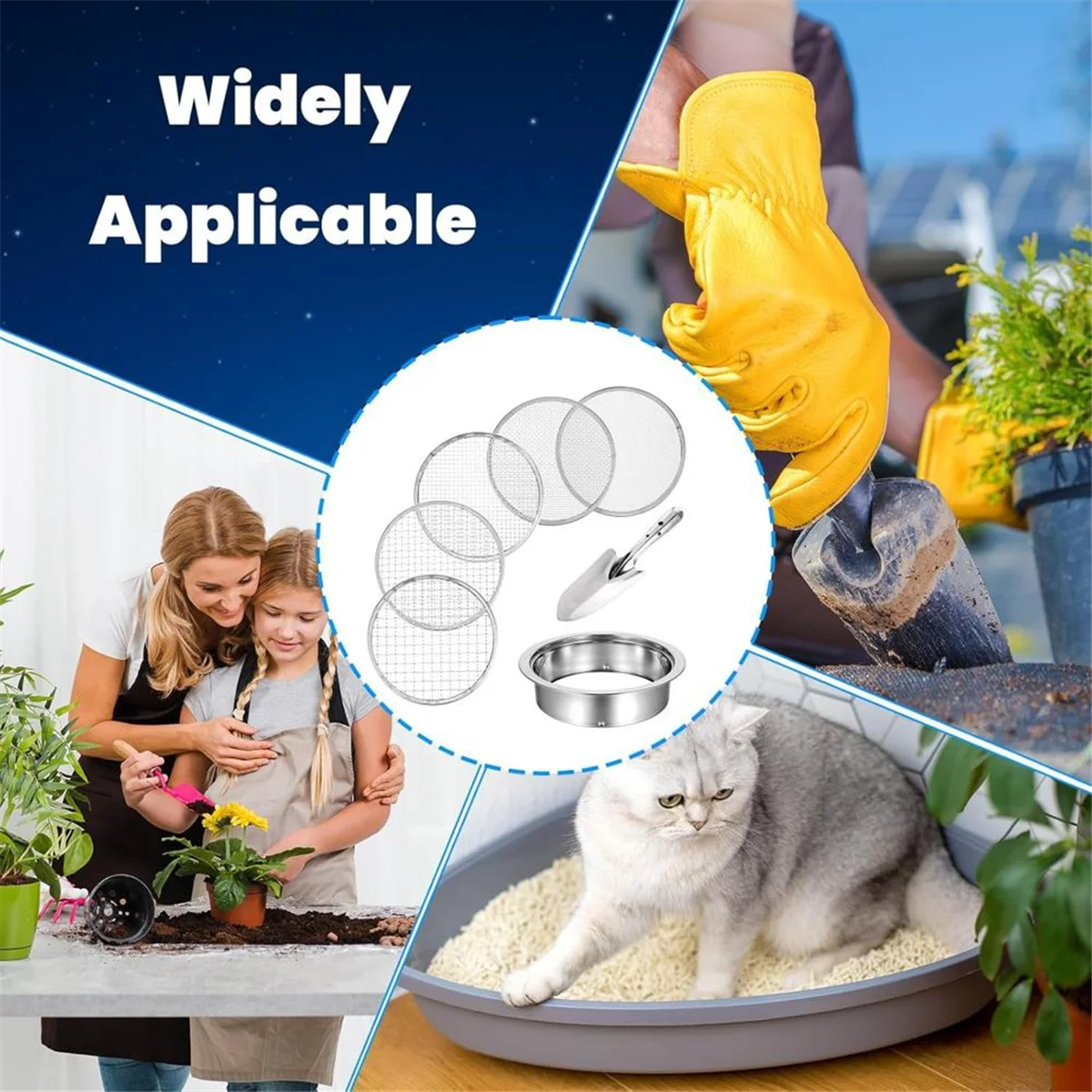 XMLX Soil Sifter Riddle Sieve Set for Gardening with 5 Sizes 8 Inch Diameter 1/3/6/9/12mm Interchangeable Meshe
