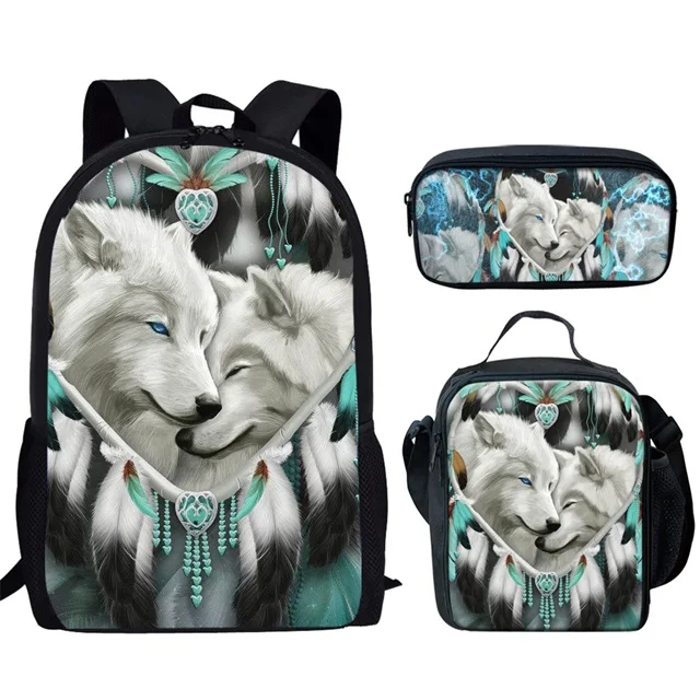 Classic Creative Moon Wolf Funny Moon Wolf 3D Print 3pcs/Set pupil School Bags Laptop Daypack Backpack Lunch bag Pencil Case