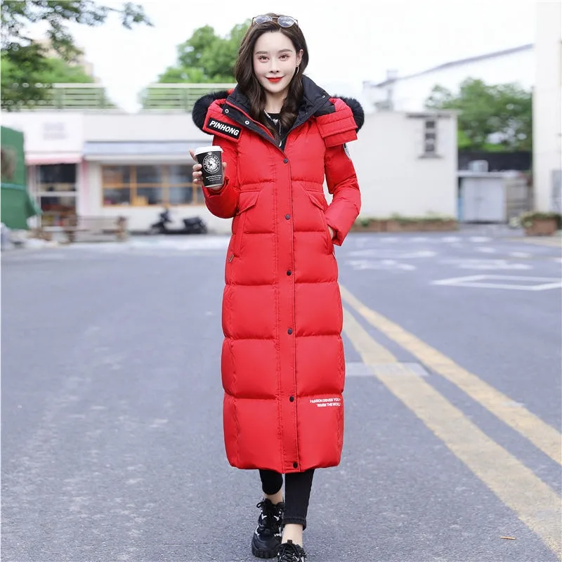 2023 New Women Down Jacket Winter Coat Female Warm Parkas Loose Artificial Fur Collar Outwear Extended Version Hooded Overcoat