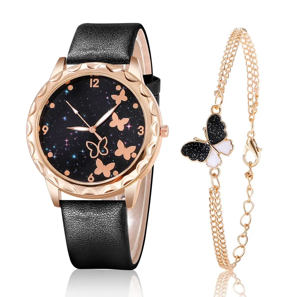 

2pcs Set Watch Women Fashion Starry Sky Butterfly Quartz Wristwatches Leather Belt Ladies Watches Reloj Mujer watch for women