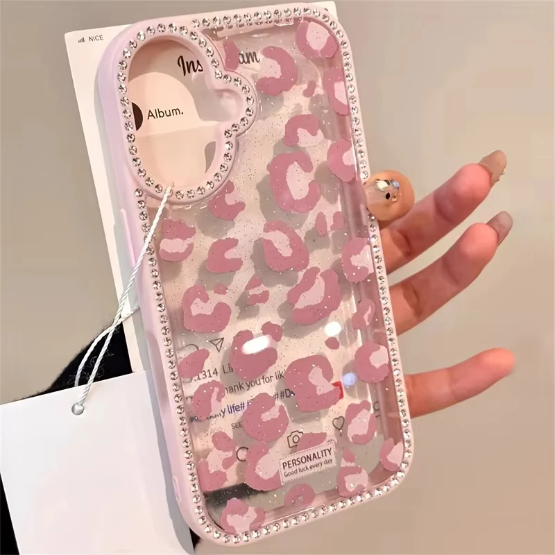 Double Sided Diamond Inlaid Frame Acrylic Hard Cover Leopard Print Plain Case for iPhone 17 Air 16 15 14 Plus 13 12 11 Pro Max 1