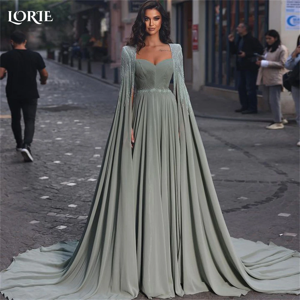 

LORIE Saudi Arabia Chiffon Evening Dresses Cape Sleeves Glitter Beadings A-Line Formal Prom Dress Sweetheart Pageant Party Gowns