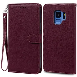 Leather Wallet Flip Cover - Premium Phone Case with Card Holder and Stand Function for Samsung S9 (Wine Red -Strap)