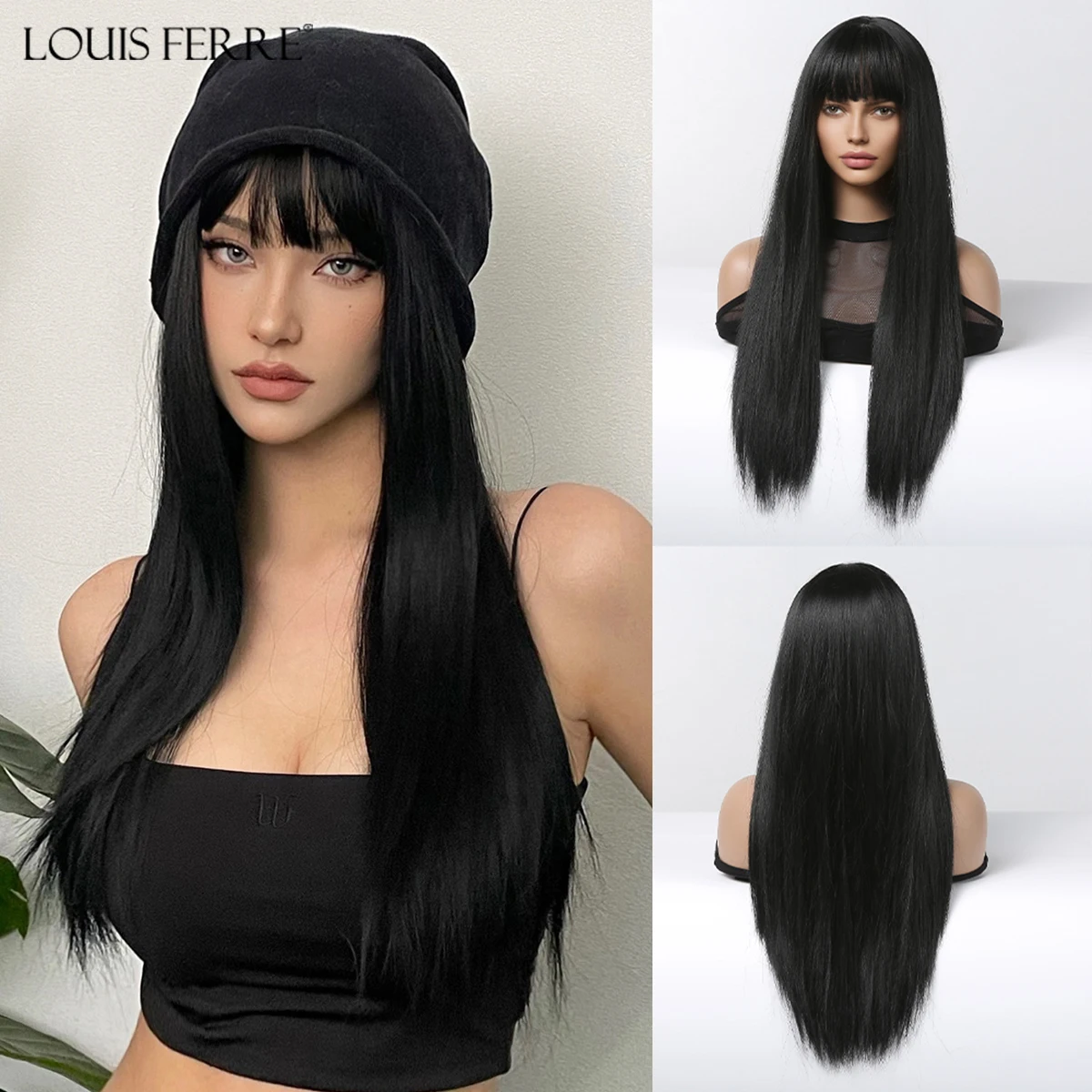 Parrucca Sintetica Diritta Nera Louis Ferre Per Le Donne Parrucca Femminile Naturale Con Capelli Lunghi Finti Con Frangia Parrucca Resistente Al Calor