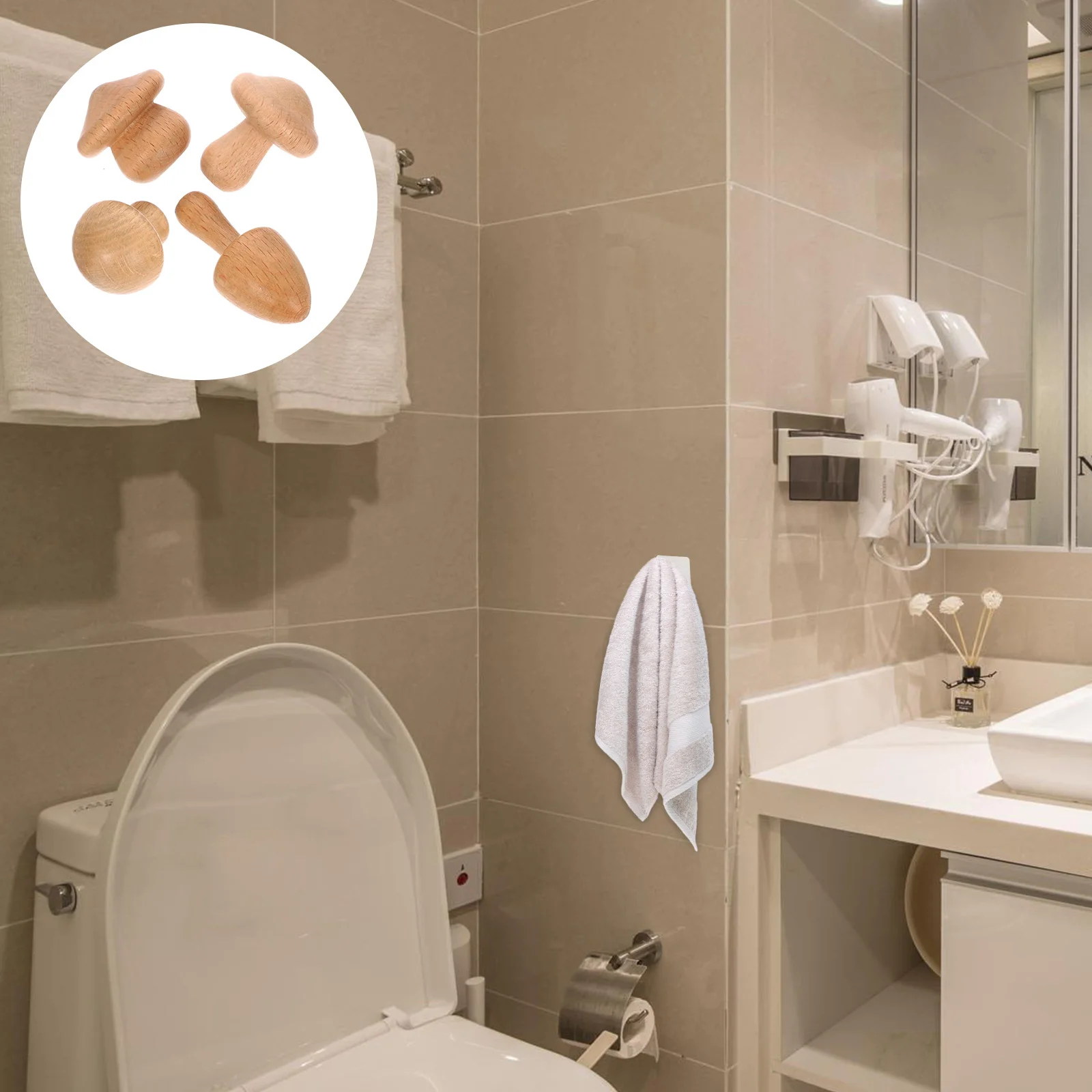 

4 Pcs Mushroom Wall Hooks Wood Towel Peg Wooden Hat for Nail Free Coat Beech Mount Farmhouse