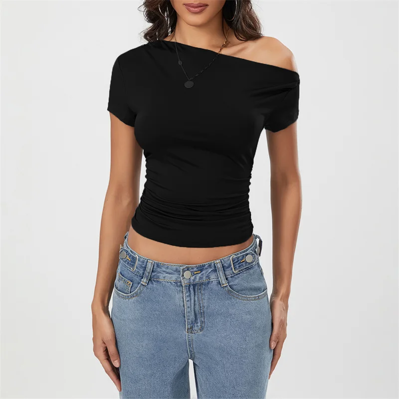 Top corto Y2K para mujer, ropa grunge de verano, camiseta fruncida sin mangas con hombros oblicuos, chaleco, ropa de calle de los años 2000