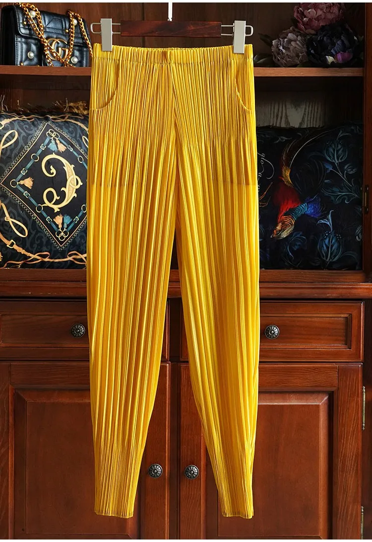 Miyake Pleated Radish Pants Women's Loose Thin Harem Pants Pleated Calf Solid Color Versatile Simple Oversized with Elasticity
