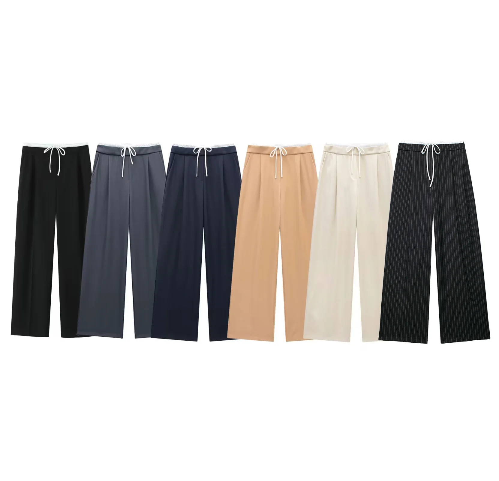 DUOPERI Women Fashion Solid Lace Up Side Zipper Straight Pants Vintage High Elastic Waist Female Chic Lady Trousers
