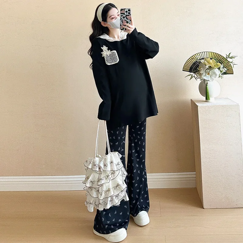 Spring New Hooded Lace Maternity Base Layer Top Two-Piece Set