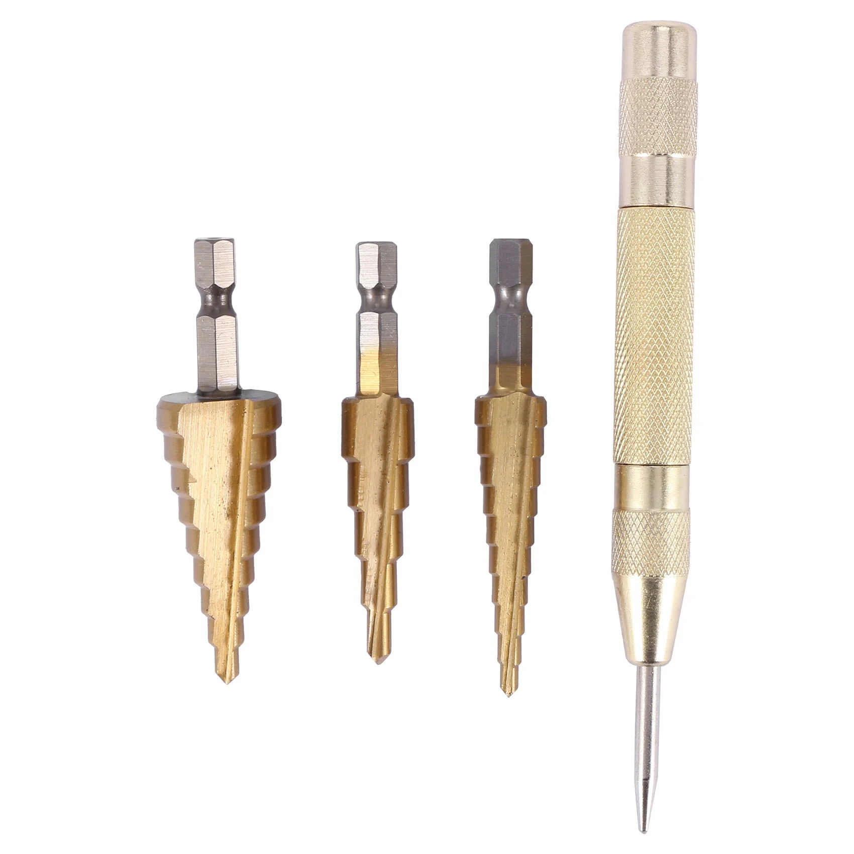 

3 pcs HSS Titanium Step Drill Bit Set & 1 pcs Automatic Center Punch