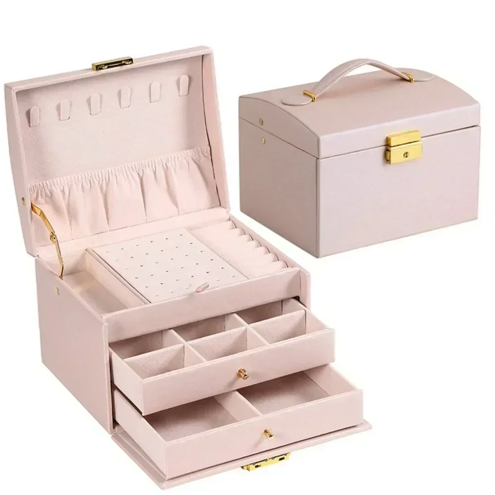 Three Drawer Handheld Jewellery Box Earring Ring Necklace Storage Box PU Leather Jewellery Display Box With Security Key Lock