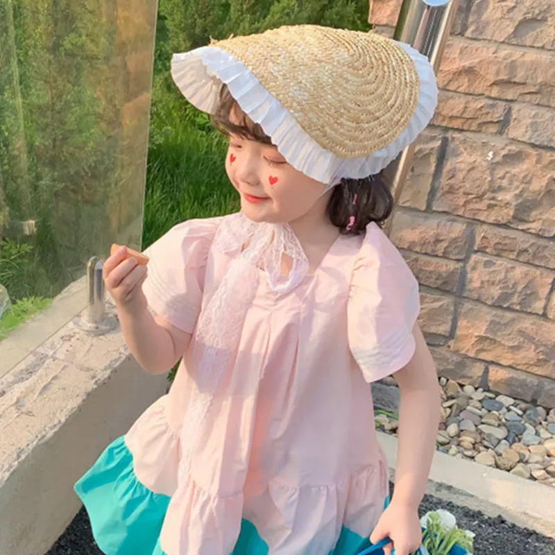 Court Style Kids Girls Sunhats Elegant Fashion Lace Up Hat Cap Outdoor Beach Sunprotection Summer Straw Hat for Children Girl