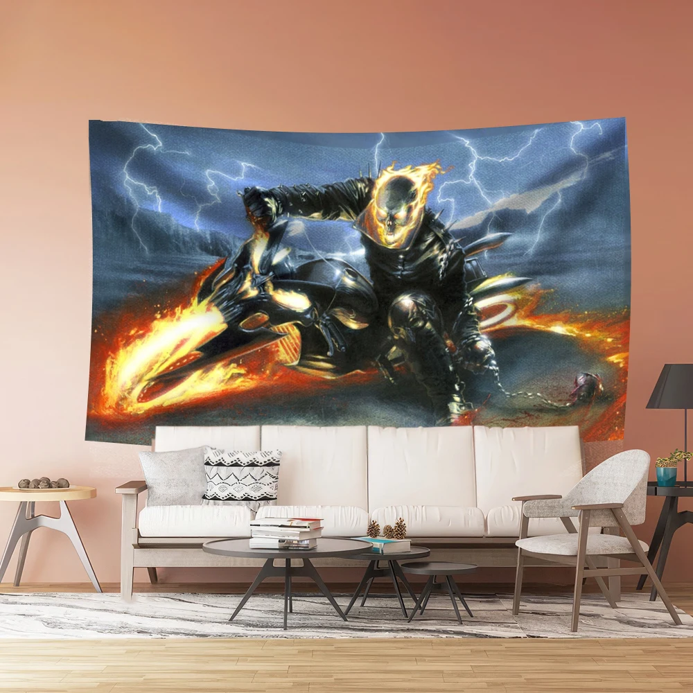 Skeleton Knight Fire Full Body With Moto Background Decoration Wall Tapestry Polyester Material Home Bedroom