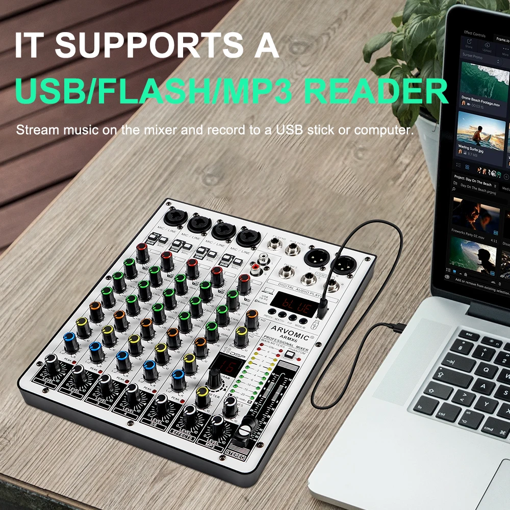 Audio Mixer 6-Channel Audio Mixer ARVOMIC DJ Mixer USB Audio Interface Bluetooth Function 16 DSP Effects 3-Band EQ