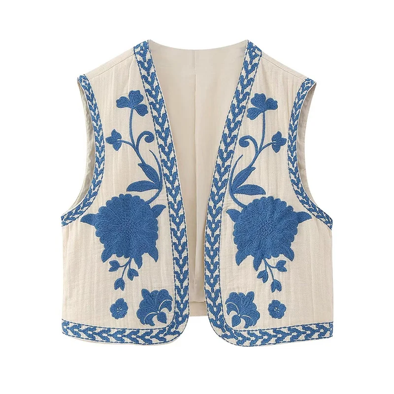 Women Vintage Floral Embroidered Open WaistCoat Ladies National Style Vest Jacket Outfits Casual Vacation Crop Top