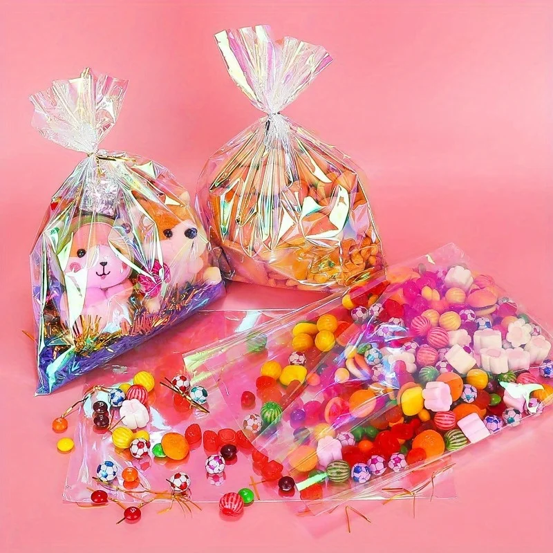 100 Sacchetti Natalizi In Cellophane Con Lacci Dorati – 5 Design: Babbo Natale, Renna, Pupazzo Di Neve, Albero, Fiocco
