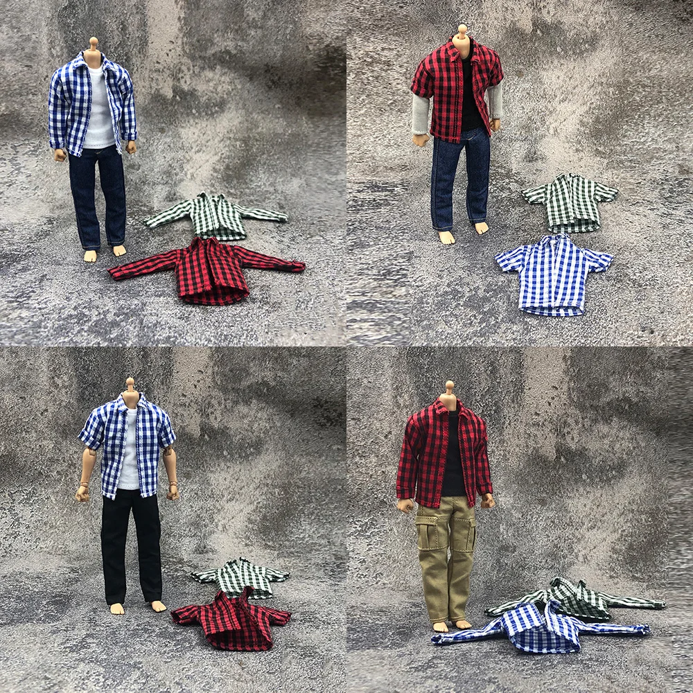 

1/12 Men Solider Shirt Long Sleeved Fashion Classic Plaid Loose Shirt Jeans For 6" Action Figure Body Model