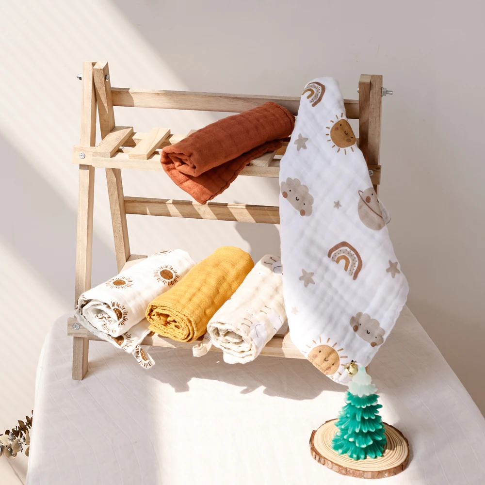 Baby Towel 5PCS Set Bamboo Cotton Face Solid Print Muslin Square Soft Burp Cloth