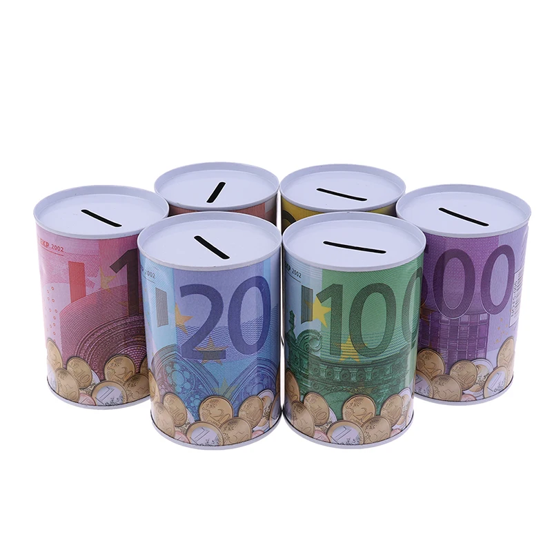 Children's Coin Canister Euro Dollar Money Jar Coin Box Safe Cylinder Piggy Bank Tinplate Deposit Boxes Gift Savings Jars