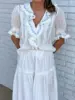 Blue Floral Embroidery Women White Shirt Ruffles Spliced V-Neck Puff Sleeve Single Breasted Casual 100% Cotton Blouse Top