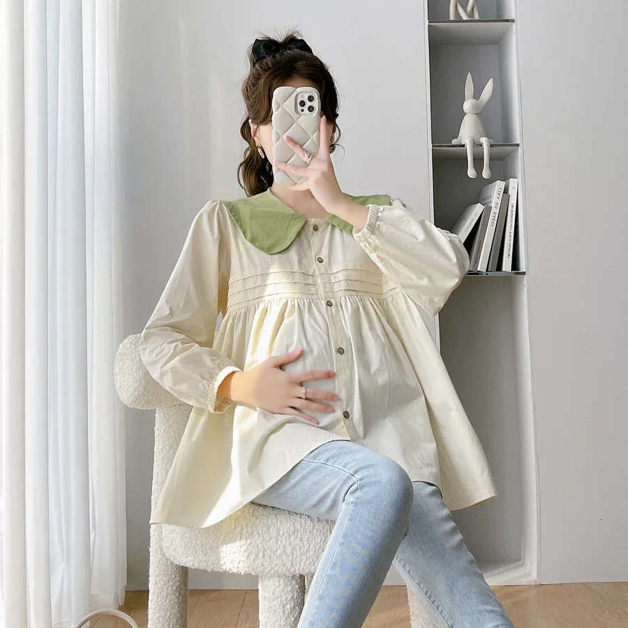 임산부 긴팔 셔츠, 피터팬 칼라, 블록 컬러 패션, 임산부 블라우스, 플리츠 임..