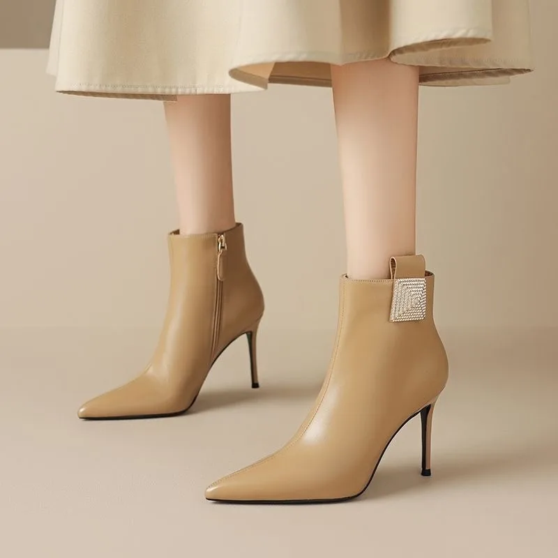 

Water diamond Pointed tip High heeled short boots Women's 2023 Autumn and winter New Slender heel Slender Martin boots Female