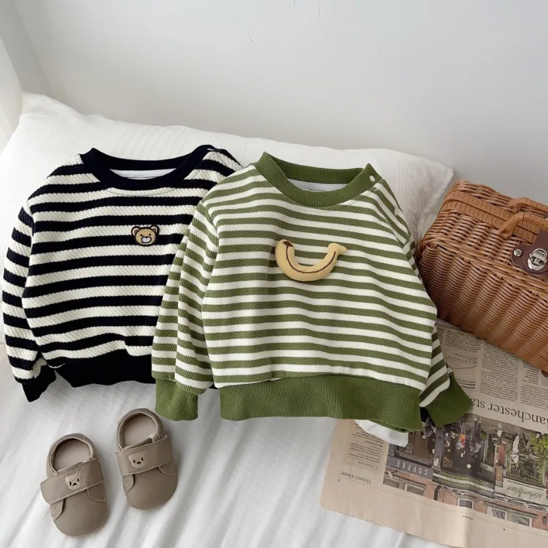 

2023 Autumn baby Kids striped casual Hoodies Boys and girls cartoon banana loose sweatshirts