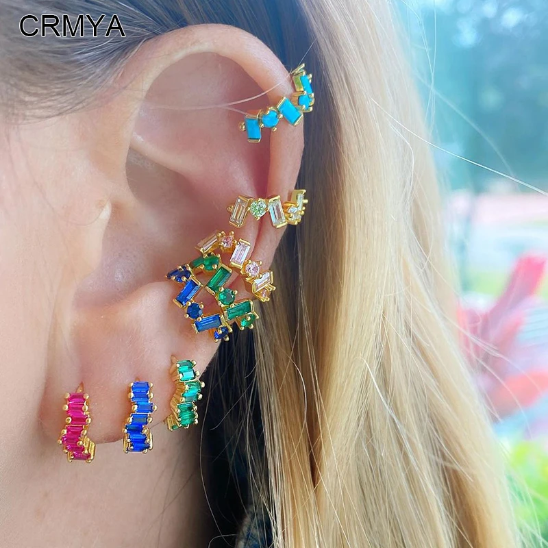 Crmya Gold Filled Hoop Clip Earrings For Women Fashion Color Cz Zircon