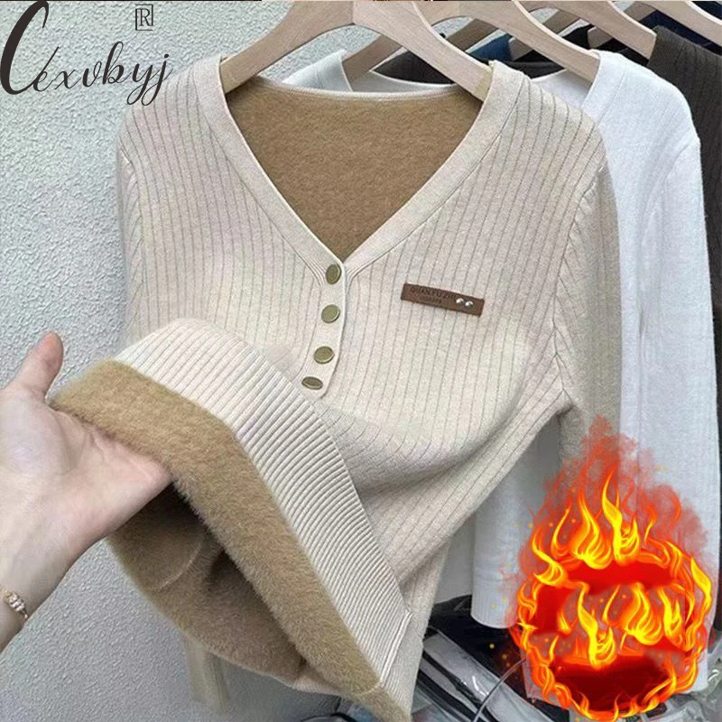 

Plus Velvet V-Neck Winter Sweater Women Korean Button Patchwork Long Sleeve Knit Top All-Match Fleece Lined Bottoming Pullover