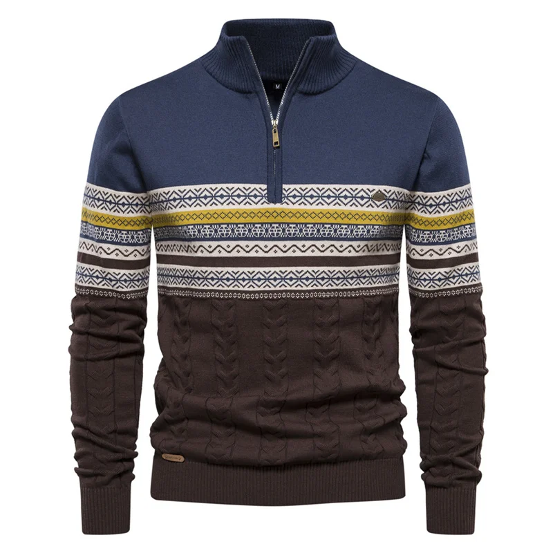 Autumn Winter Men's Standing Collar Knitted Sweater Half Zipper Versatile Slim Fit Knitwear Color Matching Casual Sweater