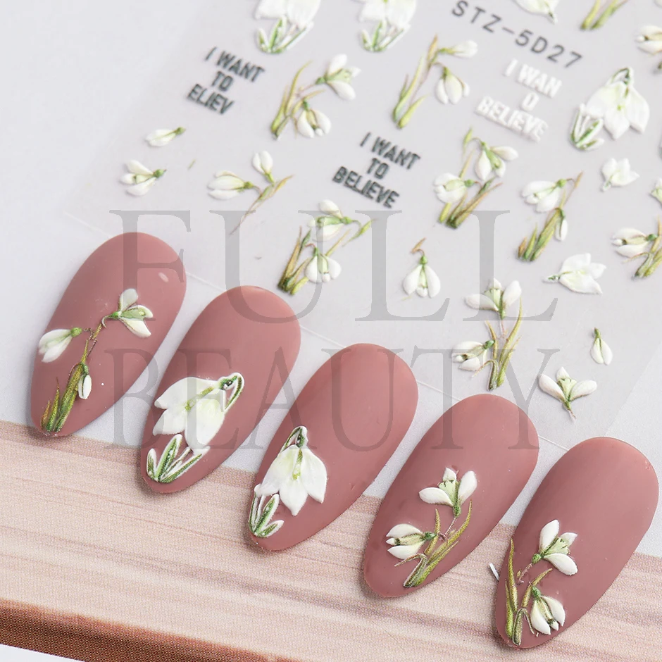 5D Snowdrop Embossed Nail Polish Stickers Tulip Campanula Flowers Charms Decal Elegant Floral Textured Manicure Acrylic Wraps